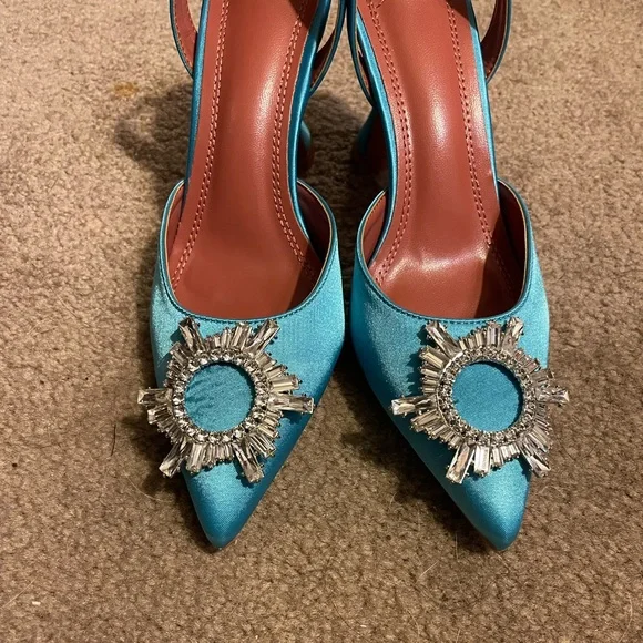 Blue satin crystal pointy toe sling backs BNWOT - Picture 2 of 9